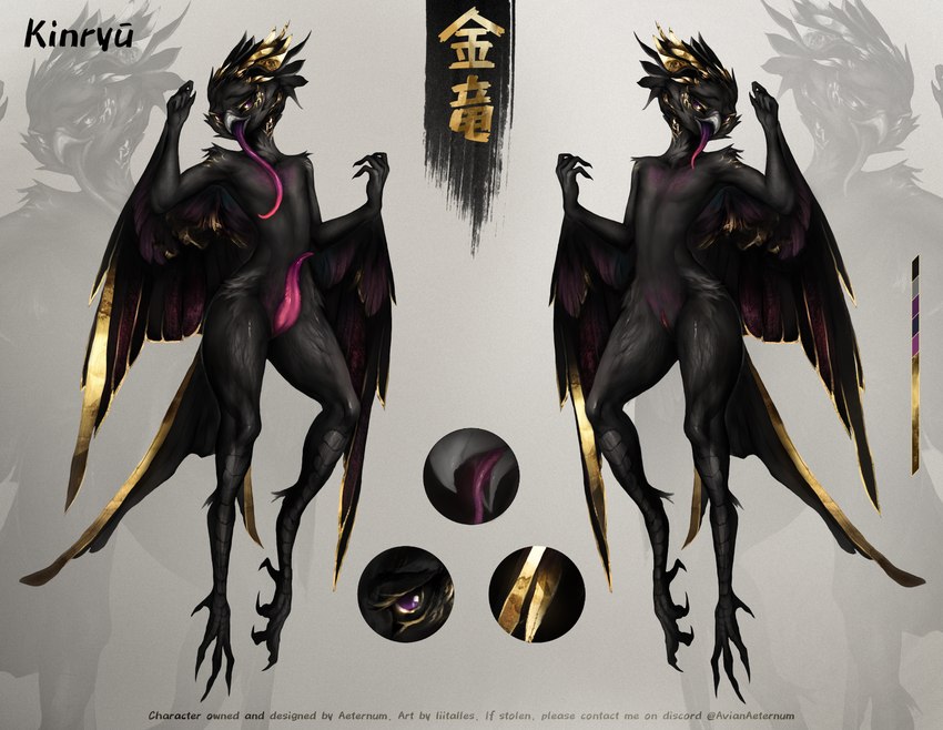 animal_genitalia anthro black_body black_feathers feathers feet genital_slit genitals long_tongue male penis purple_body purple_feathers solo talons tapering_penis text toes tongue wings yellow_body yellow_feathers liit_alles kinryu_(aeternum) aelorian avian absurd_res hi_res huge_filesize japanese_text model_sheet