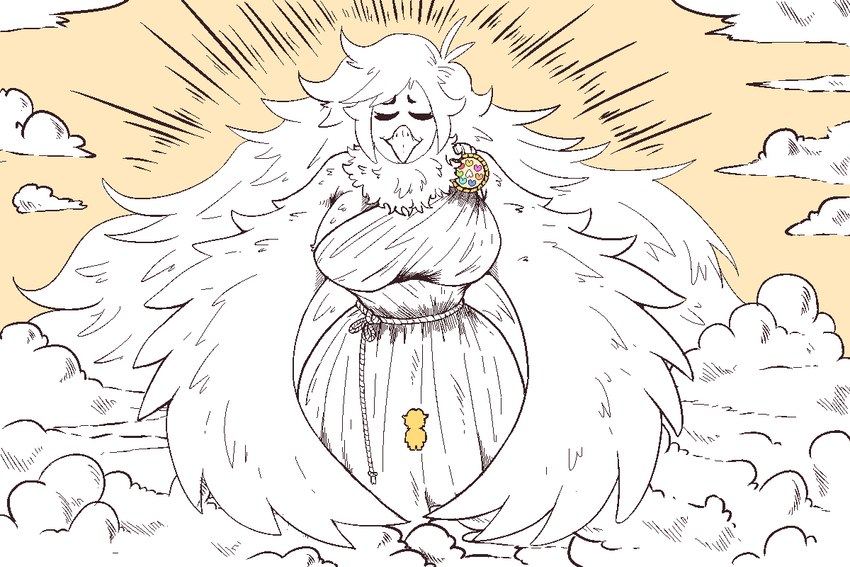 anthro big_breasts breasts clothing divine duo female hair holy huge_breasts long_hair male soul toga wide_hips signirsol undertale_(series) undertale_yellow clover_(undertale_yellow) martlet_(undertale_yellow) avian bird human mammal 3:2