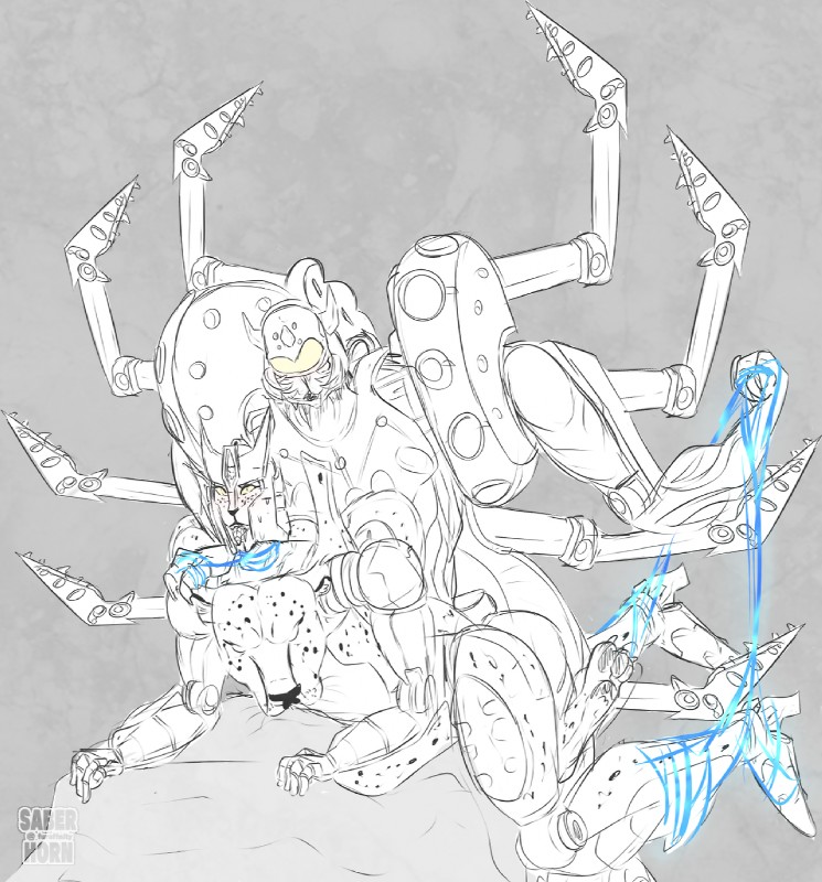 duo machine male multi_arm multi_limb open_mouth simple_background standing tongue yellow_eyes saberhorn hasbro takara_tomy transformers transformers:_beast_wars cheetor tarantulas arachnid arthropod cheetah cybertronian felid feline humanoid living_machine mammal maximal predacon robot spider digital_media_(artwork) hi_res