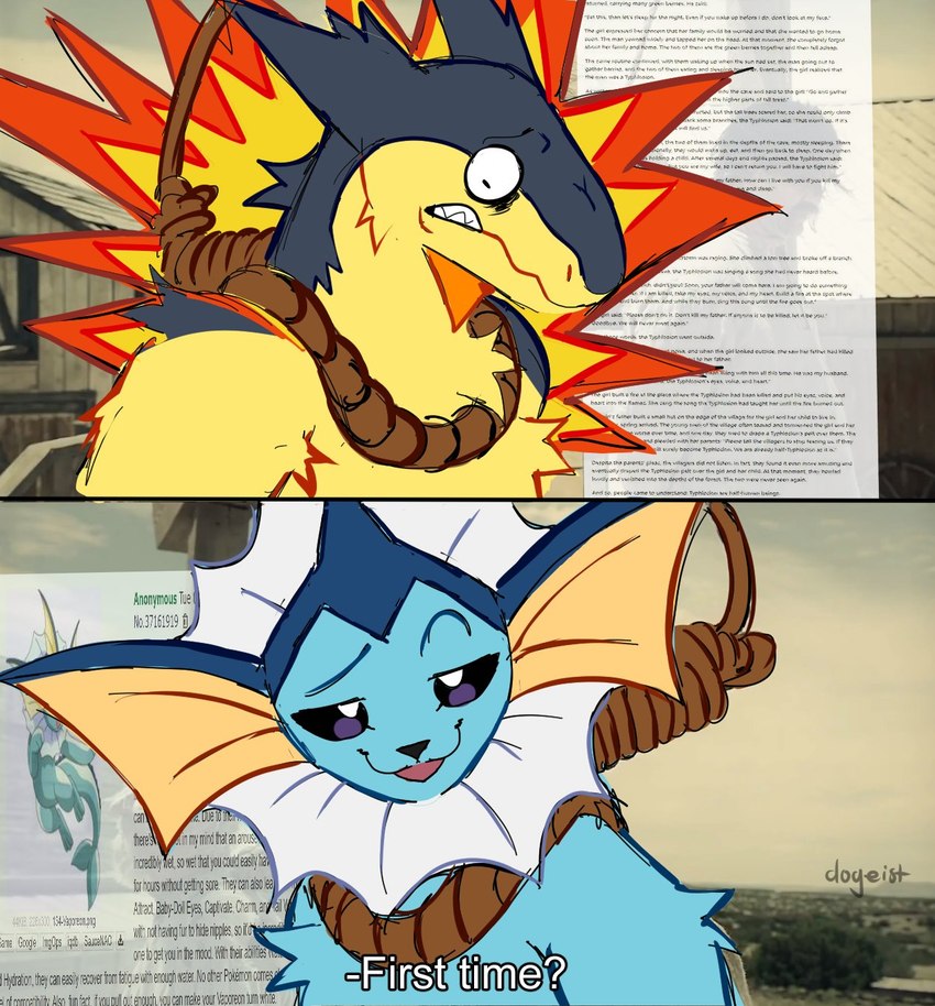 anthro blue_body blue_fur eyebrows fur humor male noose solo text dogeist 2024_pokemon_gigaleak first_time? nintendo pokemon the_ballad_of_buster_scruggs vaporeon_copypasta eeveelution generation_1_pokemon generation_2_pokemon pokemon_(species) typhlosion vaporeon 2024 digital_media_(artwork) draw_over english_text hi_res meme