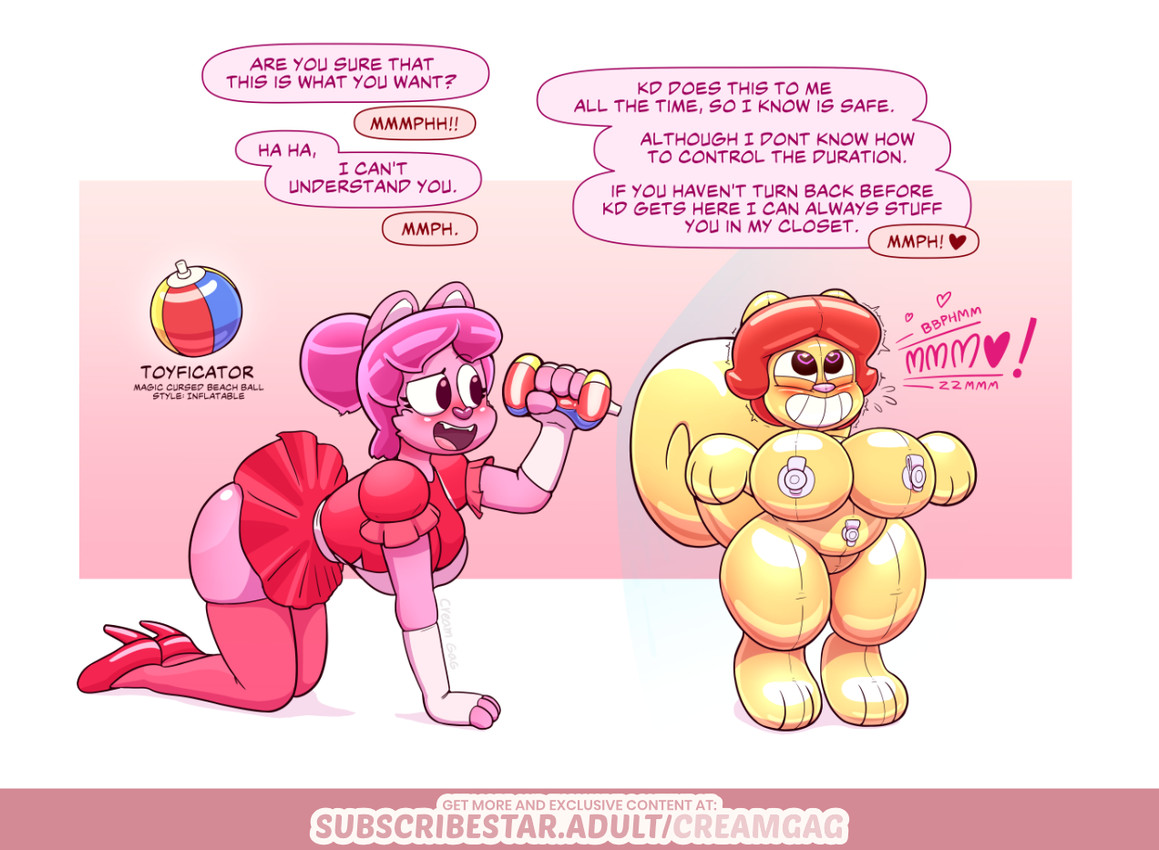 all_fours anthro big_breasts breasts brown_hair clothing dialogue dress duo featureless_crotch female footwear fur hair heart_eyes heart_symbol high_heels inflatable looking_up nozzle_on_belly open_mouth permanent_smile pink_body pink_fur red_clothing red_dress red_footwear red_high_heels seam_(sewing) shoes simple_background smile tail text transformation creamgag clary_(creamgag) grace_(creamgag) animate_inanimate domestic_cat felid feline felis living_inflatable mammal rodent sciurid tree_squirrel 2022 digital_media_(artwork) english_text