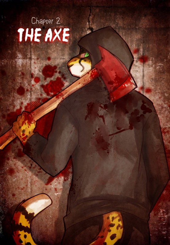 axe blood bodily_fluids brush_tail clothed clothing hiding_identity hoodie male melee_weapon one_eye_closed solo topwear weapon catkitte cheetah felid feline leopard mammal pantherine undead 2019 comic hi_res