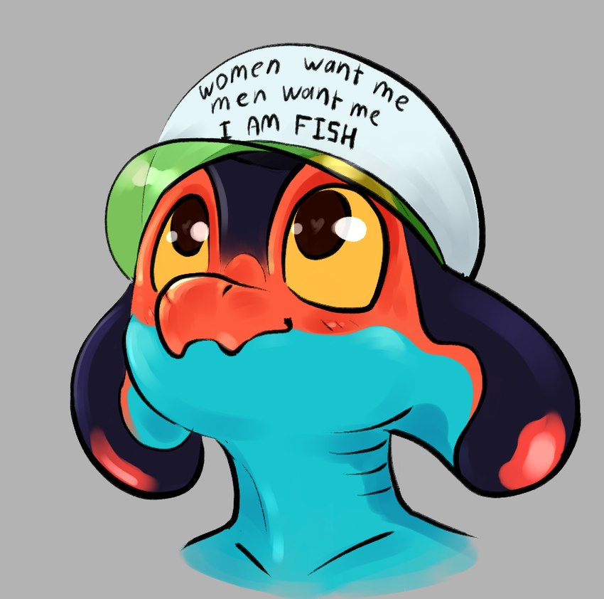 blushy clothing gills grey_background hat headgear headwear heart_eyes heart_symbol male simple_background smile solo text zipper_7z women_want_me_fish_fear_me nami_(zipper_7z) english_text meme