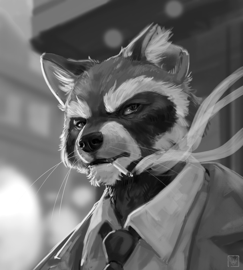 anthro cigarette clothed clothing facial_markings head_markings male markings mask_(marking) necktie notched_ear shirt smoke smoking solo topwear whiskers neungsonie tails_noir howard_lotor mammal procyonid raccoon 2020 absurd_res hi_res monochrome portrait