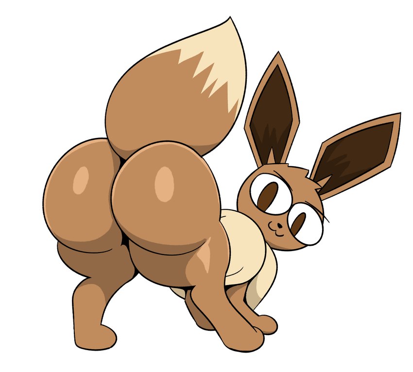 :3 ambiguous_gender big_butt brown_body brown_eyes brown_fur butt feral fur looking_at_viewer looking_back looking_back_at_viewer multicolored_body multicolored_fur simple_background smile smiling_at_viewer solo tan_body tan_fur thick_thighs two_tone_body two_tone_fur white_background miso_souperstar nintendo pokemon tsukihime type-moon neco-arc eevee generation_1_pokemon pokemon_(species) 2024 hi_res