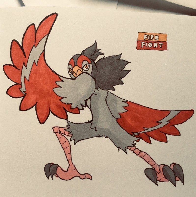 4_toes alternate_color ambiguous_gender anisodactyl anthro anthrofied athletic athletic_ambiguous athletic_anthro avian_feet beak biped black_body black_claws black_feathers claws crotch_tuft facial_markings feather_tuft feathered_wings feathers featureless_crotch feet fighting_pose front_view frown grey_body grey_feathers grey_wings head_markings head_tuft looking_aside looking_away markings multicolored_body multicolored_feathers pokemorph pose red_body red_feathers red_markings red_wings shadow simple_background solo spread_legs spreading standing talons text toe_claws toes toony tuft two_tone_body two_tone_feathers two_tone_wings white_background wide_stance winged_arms wings yellow_beak yellow_eyes marco_fanjul fakemon firefightdex nintendo pokemon avian bird generation_5_pokemon pokemon_(species) tranquill 2019 english_text full-length_portrait hi_res marker_(artwork) mixed_media pen_(artwork) portrait traditional_media_(artwork)