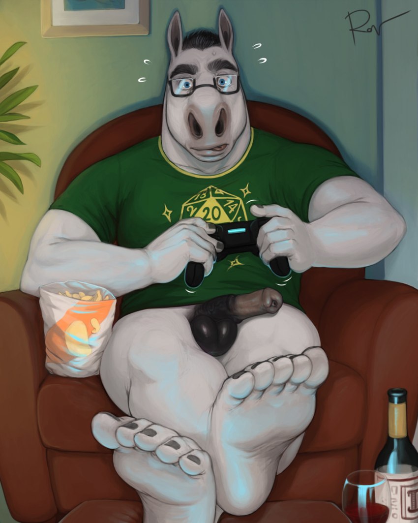 animal_genitalia animal_penis anthro balls biceps black_balls blue_eyes bottomless bottomless_anthro bottomless_male clothed clothing container controller cup d20 dice dice_print drinking_glass equine_genitalia equine_penis eyewear feet foot_focus game_controller gaming genitals glass glass_container glass_cup glasses green_clothing green_shirt green_topwear humanoid_feet inside jock male manly muscular muscular_legs nerd penis plantigrade playing_video_game rectangular_glasses shirt solo topwear triceps wine_bottle wine_glass rov equid equine horse mammal 2020 4:5 hi_res