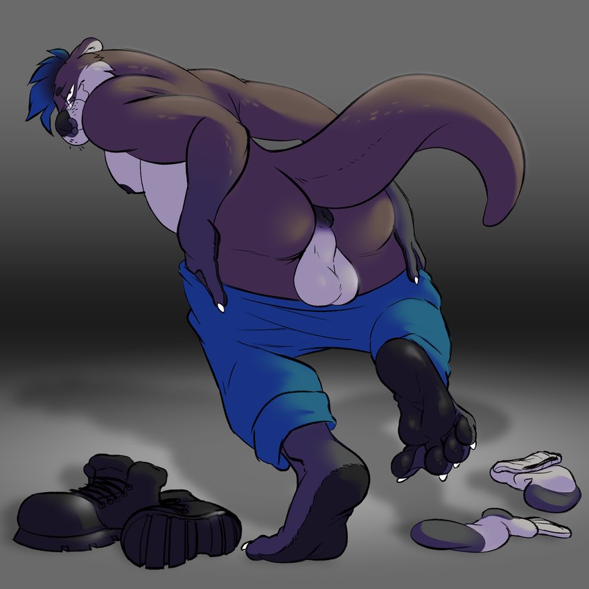 anthro anus balls boots clothing footwear genitals looking_at_viewer looking_back male raised_tail shoes socks solo tail undressing fetishame gordon_the_otter mammal mustelid otter 1:1 hi_res