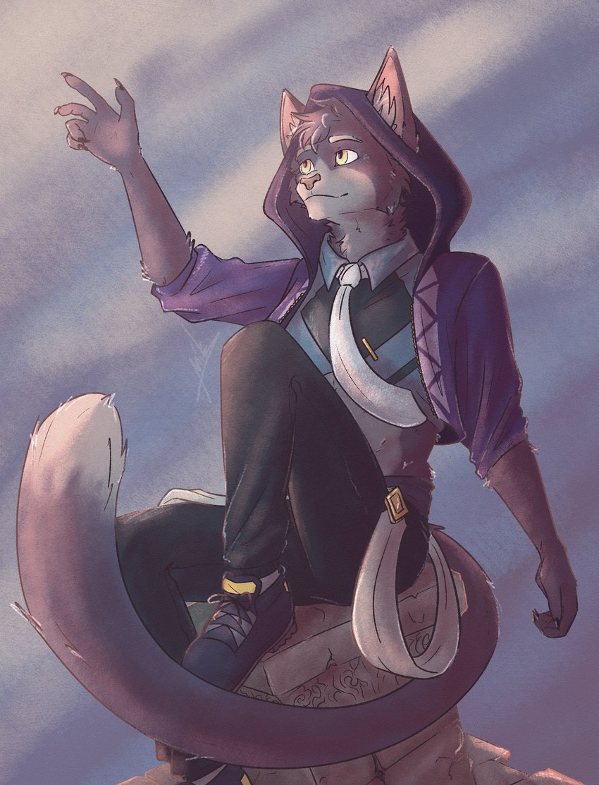 anthro bottomwear clothing footwear hoodie male mouth_closed necktie pants pillar purple_body shirt shoes simple_background sitting solo three-quarter_view topwear yellow_eyes physvlad tate_(lust_shards) domestic_cat felid feline felis mammal absurd_res hi_res