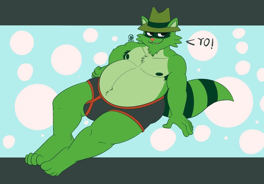 anthro beard belly big_belly big_penis black_clothing black_underwear bulge clothing facial_hair feet fur genitals green_body green_fur hand_on_hip hat headgear headwear looking_at_viewer male navel nipples overweight overweight_anthro overweight_male penis raccoon_tail simple_background solo underwear glitchedweasel happy_tree_friends shifty_(htf) mammal procyonid raccoon rodent digital_media_(artwork) hi_res