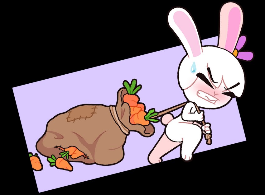 accessory anthro blush bodily_fluids carrot clenched_teeth dragging female flower flower_in_hair food fur hair hair_accessory plant purple_background sack simple_background solo sweat sweatdrop teeth transparent_background vegetable white_body white_fur starbirbz carrots_(starbirbz) lagomorph leporid mammal rabbit 2018 alpha_channel