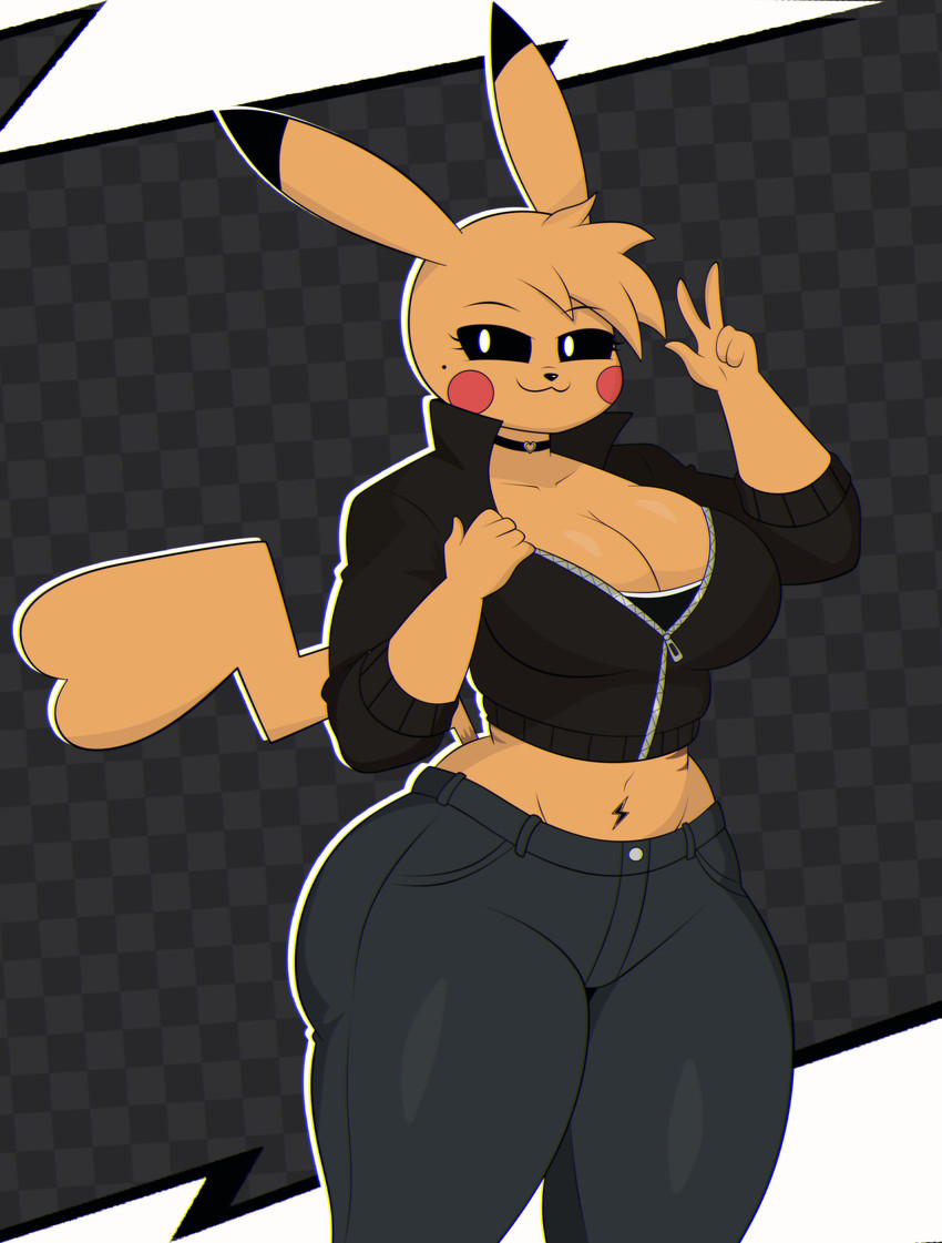 5_fingers anthro biped black_eyes breasts cheek_spots cleavage closed_smile clothed clothing collar eyebrows eyelashes female fingers hair markings mole_(marking) mouth_closed pupils red_cheeks smile solo standing tail thick_thighs white_pupils womb_tattoo yellow_body yellow_tail superbage nintendo pokemon generation_1_pokemon pikachu pokemon_(species) 2025 absurd_res hi_res
