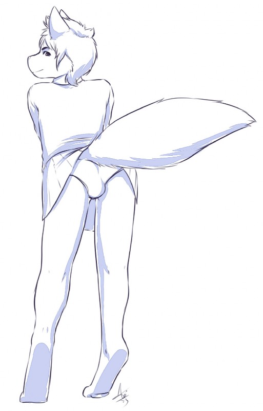 anthro bottomwear bulge butt clothed clothing clothing_lift crossdressing femboy fur hair looking_at_viewer male panties presenting presenting_hindquarters raised_tail rear_view short_hair skirt skirt_lift smile solo tail teasing underwear aogami sepfy canid canine fox mammal 2015 hi_res monochrome