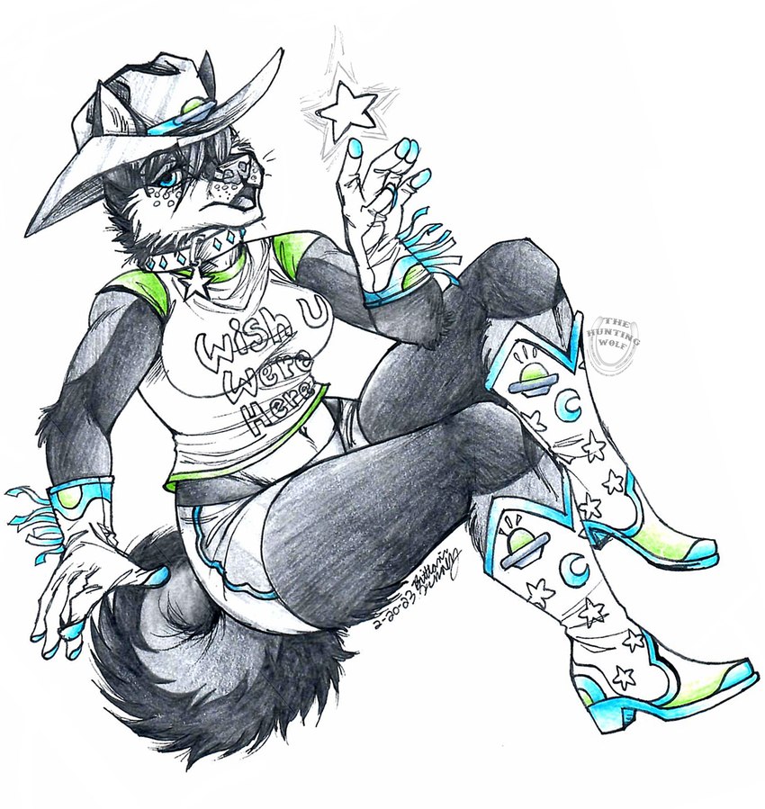 anthro boots clothing cowboy female footwear hesk lariat lasso moon necktie rope shoes solo space star western thehuntingwolf kiri topazwolf alien canid canine canis domestic_dog husky hybrid mammal nordic_sled_dog spitz wolf wolfdog hi_res sketch