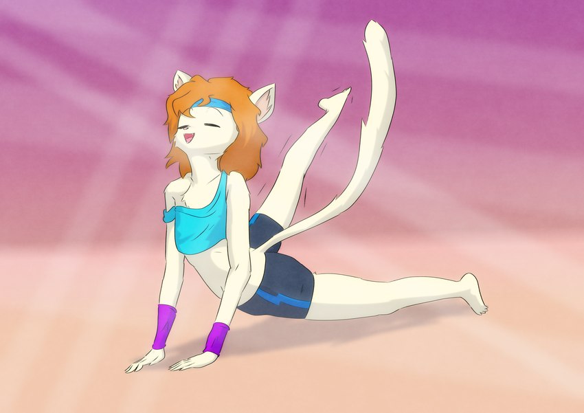 anthro bottomwear clothing female flat_chested open_mouth shirt shorts solo stretching sweatband tank_top tight_bottomwear tight_clothing tight_shorts topwear wrist_warmers kawaoneechan farrah_furcett felid felin mammal 2023 absurd_res digital_media_(artwork) hi_res