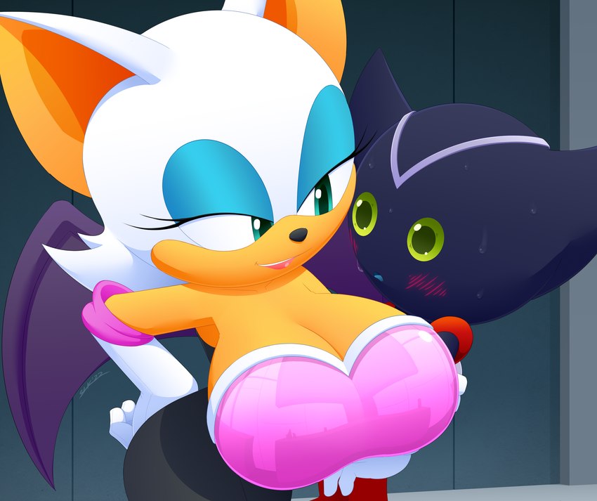 anthro armwear bedroom_eyes big_breasts blush bodily_fluids breasts cleavage clothed clothing duo elbow_gloves female gloves handwear huge_breasts machine male male/female narrowed_eyes seductive sweat wings slickehedge sega sonic_the_hedgehog_(series) sonic_x bokkun rouge_the_bat bat mammal robot absurd_res hi_res