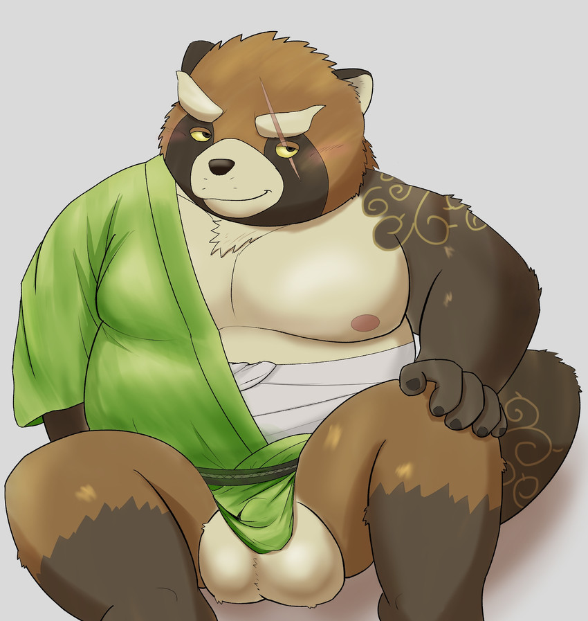 anthro balls belly brown_body brown_fur clothing fur genitals kemono male moobs nipples overweight overweight_anthro overweight_male robe scar simple_background sitting solo 5groo5 lifewonders tokyo_afterschool_summoners gyobu_(tas) canid canine mammal raccoon_dog tanuki 2020 hi_res