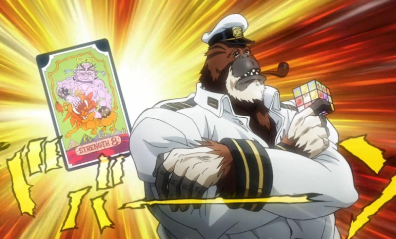 anthro brown_body brown_fur card clothing fortune_telling fur hat headgear headwear holding_object major_arcana male pipe sailor_uniform screencap smoking smoking_pipe solo strength_(tarot) tarot tarot_card unknown_artist jojo's_bizarre_adventure rubik's_cube forever_(jjba) ape haplorhine mammal orangutan primate meme