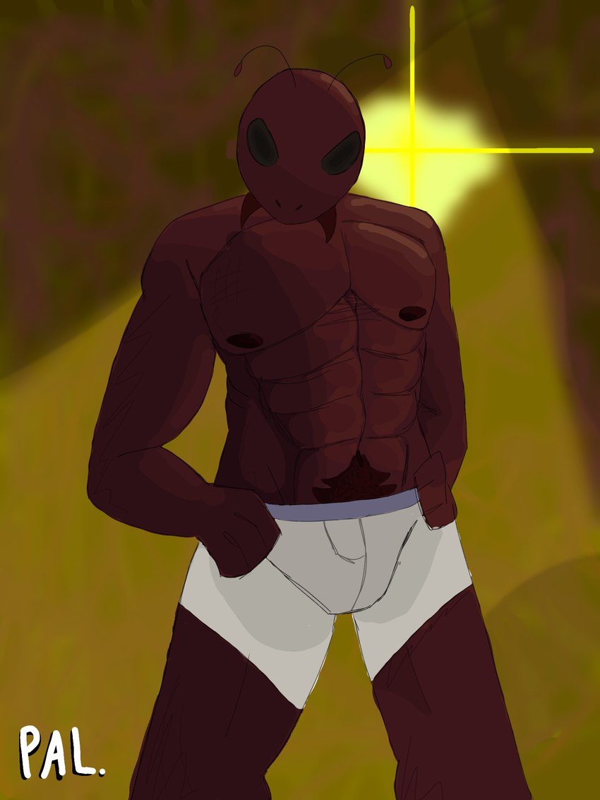antennae_(anatomy) anthro black_eyes clothed clothing hands_on_hips male muscular standing topless underwear white_clothing white_underwear palister35 ant arthropod hymenopteran insect 3:4 hi_res shaded