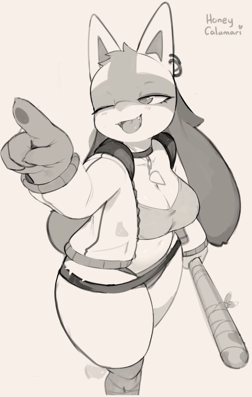 anthro baseball_bat bat_(object) biped breasts chest_spike claws cleavage clothed clothing collar crop_top cute_fangs ear_piercing ear_ring fangs female female_anthro fur gesture grey_background half-closed_eyes hand_gesture high-angle_view holding_baseball_bat holding_object jacket medium_breasts midriff narrowed_eyes one_eye_closed open_mouth piercing pointing ring_piercing shirt simple_background solo spikes spikes_(anatomy) teeth thick_thighs tongue tongue_out topwear walking wink honeycalamari nintendo pokemon luca_(kyurisawa) generation_4_pokemon lucario pokemon_(species) 2023 absurd_res digital_media_(artwork) greyscale hi_res monochrome signature