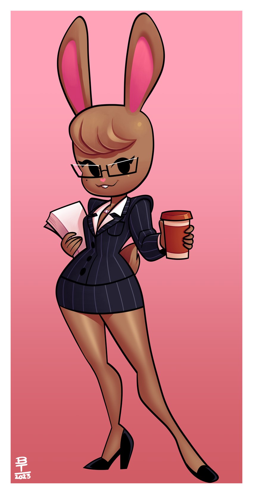 anthro beverage black_eyes black_tie_(suit) border bottomwear brown_body brown_fur clothing coffee coffee_cup container cup eyewear female footwear fur gem glasses gradient_background head_tuft high_heels jewelry markings miniskirt mole_(marking) necklace office_lady paper paperwork pearl_(gem) pearl_necklace pencil_skirt pink_background pinstripes shoes shoulder_pads simple_background skirt solo suit tuft white_border wazzaldorp lagomorph leporid mammal rabbit 2023 absurd_res hi_res