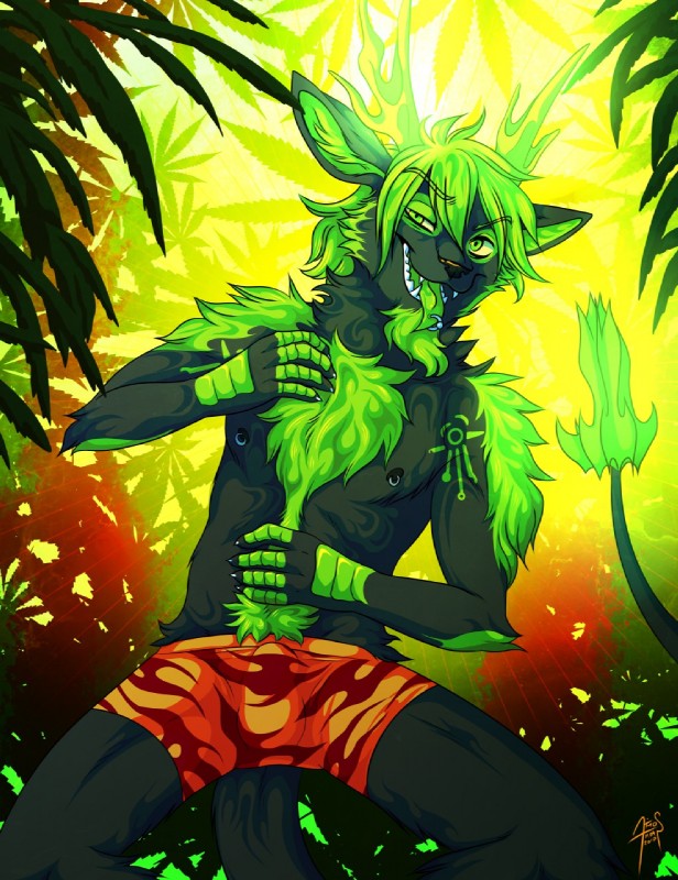 anthro black_body black_fur bottomwear chest_tuft clothing drugs fur glowing green_body green_eyes green_fur hairy horn male marijuana nipple_piercing nipples piercing shorts solo spiked_tail spikes spikes_(anatomy) tail tattoo tongue tongue_piercing tuft gothwolf mythology lucky_kwanger dragon mythological_creature mythological_scalie northern_dragon scalie hi_res