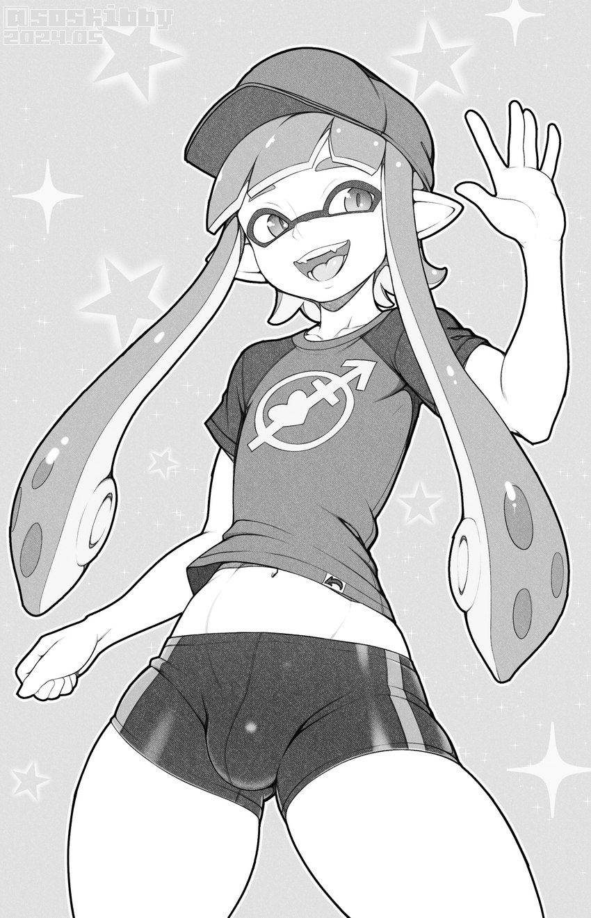 5_fingers bottomwear bulge clothing fingers gesture hat headgear headwear humanoid_pointy_ears open_mouth open_smile pointy_ears pseudo_hair shirt shorts smile solo suction_cup tentacle_hair tentacles topwear waving skibby nintendo splatoon inkling_boy animal_humanoid cephalopod cephalopod_humanoid humanoid inkling marine marine_humanoid mollusk mollusk_humanoid 2024 absurd_res hi_res monochrome signature