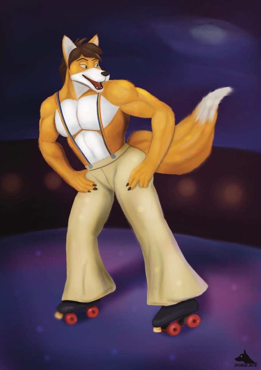 anthro bottomwear clothed clothing disco male pants quad_skates roller_skates solo suspenders topless dobie-ace canid canine fox mammal hi_res