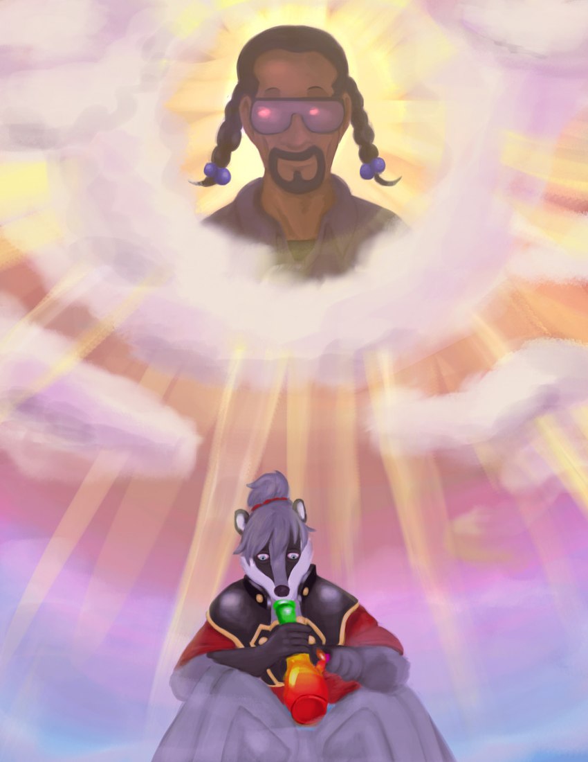 anthro black_hair bong brown_body brown_skin clothed clothing cloud drugs duo eyebrows eyewear facial_hair fire front_view fur goatee grey_body grey_fur grey_hair hair holding_object light lighter male sitting smoking smoking_bong snout sunglasses sunlight wannabe_pendragon real_world snoop_dogg snoop_dogg_(character) tokisada badger human mammal mustelid musteline 2021 digital_media_(artwork) hi_res shaded