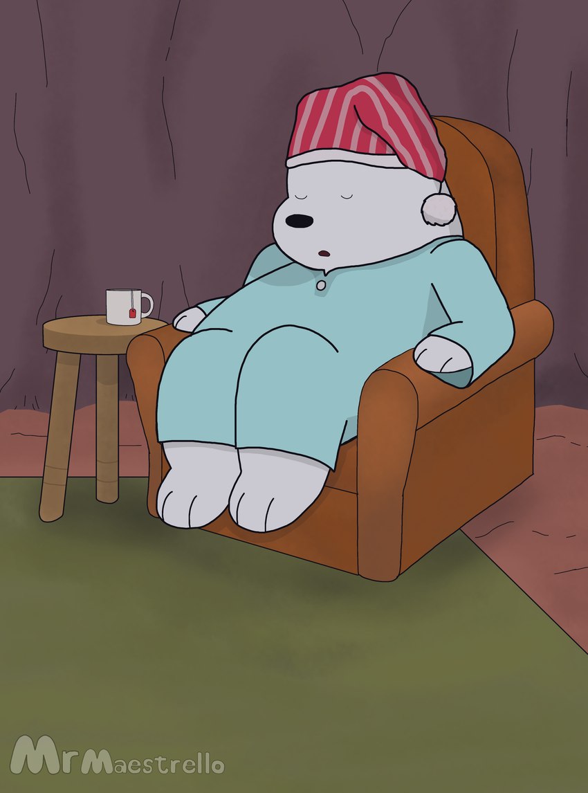 anthro cave clothed clothing container cup eyes_closed fur furniture hat headgear headwear male sleeping sofa solo text white_body mr._maestrello cartoon_network we_bare_bears ice_bear_(we_bare_bears) bear mammal polar_bear ursine 2025 absurd_res artist_name digital_drawing_(artwork) digital_media_(artwork) hi_res signature