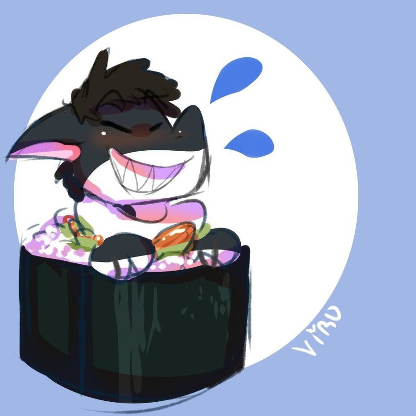 ambiguous_gender anthro black_hair clothed clothing ears_down eyes_closed food hair in_food pivoted_ears shirt simple_background smile solo sushi teeth topwear vird sal_(salboye) fish marine shark 1:1 digital_media_(artwork)