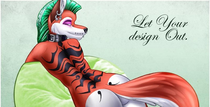 anthro bridge_piercing ear_piercing facial_piercing female green_hair hair lip_piercing mohawk nose_piercing nose_ring nude piercing rear_view ring_piercing septum_piercing simple_background solo tail tattoo text unknown_artist elektra canid canine fox mammal english_text