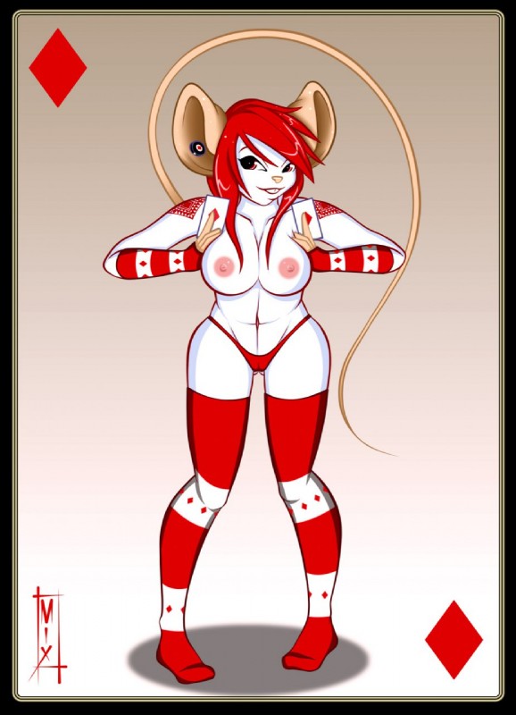 ace_of_diamonds anthro arm_warmers armwear black_border border breasts camel_toe card card_template clothed clothing diamond_tattoo diamonds_(suit) ear_piercing female hair holding_card holding_object holding_single_card legwear nipples panties pattern_armwear pattern_clothing piercing playing_card playing_card_template red_eyes red_hair solo stockings striped_armwear striped_clothing stripes suit_symbol tattoo tight_clothing topless underwear galacticmichi mammal mouse murid murine rodent hi_res