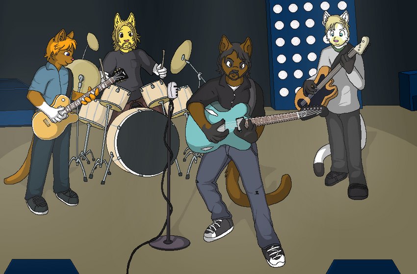 anthro band bass_guitar beard black_beard black_body black_clothing black_facial_hair black_footwear black_fur black_hair black_mustache black_nose black_shirt black_shoes black_topwear blonde_hair blue_clothing blue_shirt blue_topwear bottomwear brown_body brown_fur clothed clothing concert detailed_background drum drum_set drumming_stick electric_guitar electronics facial_hair footwear fur grey_clothing grey_shirt grey_topwear group guitar hair inside male male_anthro microphone musical_instrument mustache orange_hair pants percussion_instrument percussion_mallet pink_nose playing_drum playing_guitar playing_music plucked_string_instrument shirt snout string_instrument tail topwear white_body white_fur yellow_body yellow_fur sebdoggo domestic_cat felid feline felis mammal 2013 aliasing cel_shading digital_drawing_(artwork) digital_media_(artwork) microsoft_paint_(artwork) shaded