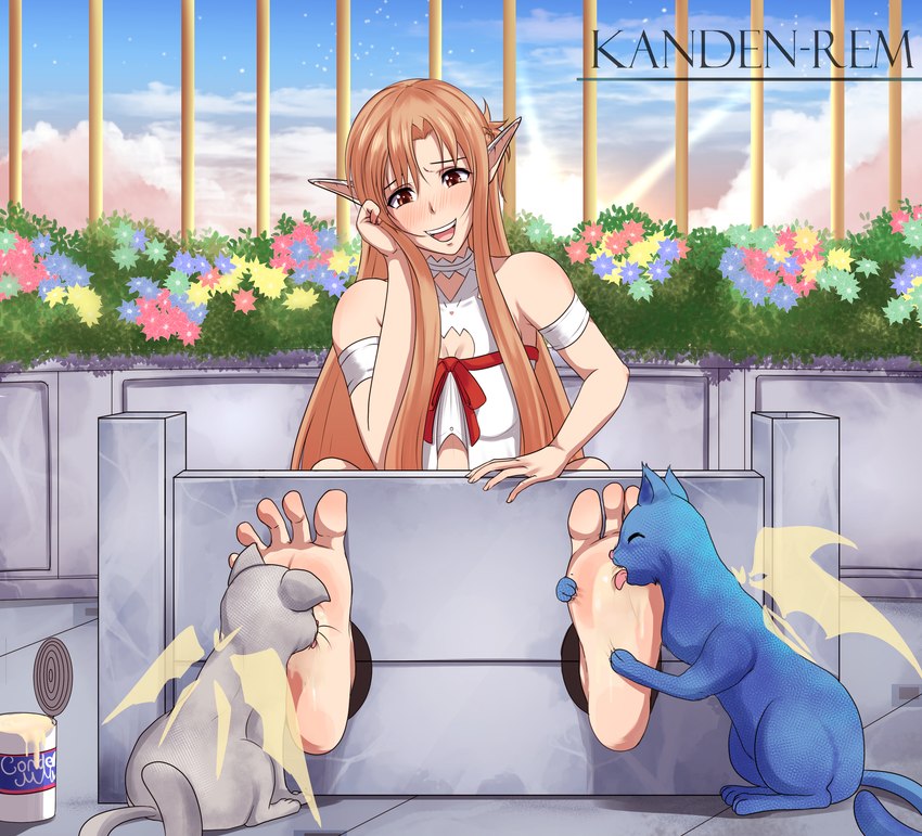 5_toes ambiguous_gender barefoot blush brown_eyes feet female foot_fetish foot_lick foot_play hair humanoid_pointy_ears laugh licking not_furry_focus open_mouth orange_hair pointy_ears restraints soles stocks tickling tickling_feet toes tongue kandenrem sword_art_online asuna_yuuki domestic_cat elf fairy felid feline felis humanoid mammal hi_res