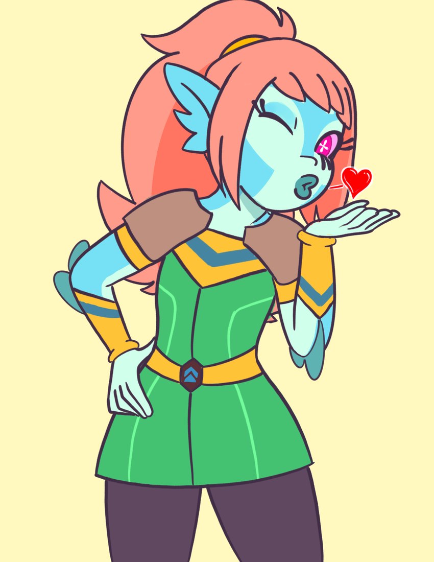 blowing_kiss blue_body blue_skin ear_frill female frill_(anatomy) hair hand_on_hip heart_symbol one_eye_closed pink_eyes pink_hair ponytail pupils simple_background solo unusual_pupils wink yellow_background liquidmark cleopatra_in_space dreamworks akila_theoris alien alien_humanoid animal_humanoid fish fish_humanoid humanoid marine marine_humanoid vevosonian 2024 hi_res