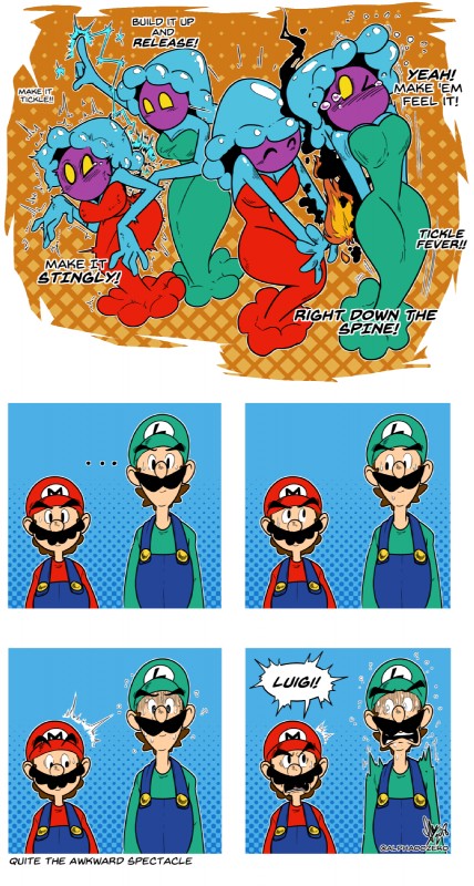 bodily_fluids breasts cleavage clothed clothing dialogue dress duo electricity ellipsis female fire hat headgear headwear humor implied_erection male sweat text text_on_clothing text_on_hat text_on_headwear yellow_eyes alpha00zero mario_and_luigi_(series) mario_bros nintendo gigi_(mario) jellyfish_sisters luigi mario merri_(mario) animal_humanoid cnidarian cnidarian_humanoid human humanoid jellyfish jellyfish_humanoid mammal marine marine_humanoid medusozoan medusozoan_humanoid 2018 comic english_text hi_res brother_(lore) brothers_(lore) sibling_(lore) sister_(lore) sisters_(lore) twins_(lore)