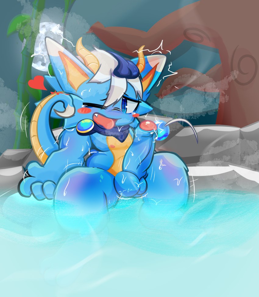 anthro balls bamboo biped blue_body blue_eyes blue_fur bodily_fluids fingers foreskin fur gasp genital_fluids genitals glans hair happy heart_symbol hot_spring humanoid_genitalia humanoid_penis kemono male male_anthro moon night nipples one_eye_closed partially_retracted_foreskin penis plant precum scarf shota solo steamy_breath sweat tail tongue tree water white_hair yellow_body young young_anthro young_male block3dblack makemon mythology souma_(makemon) dragon eastern_dragon mythological_creature mythological_scalie scalie hi_res