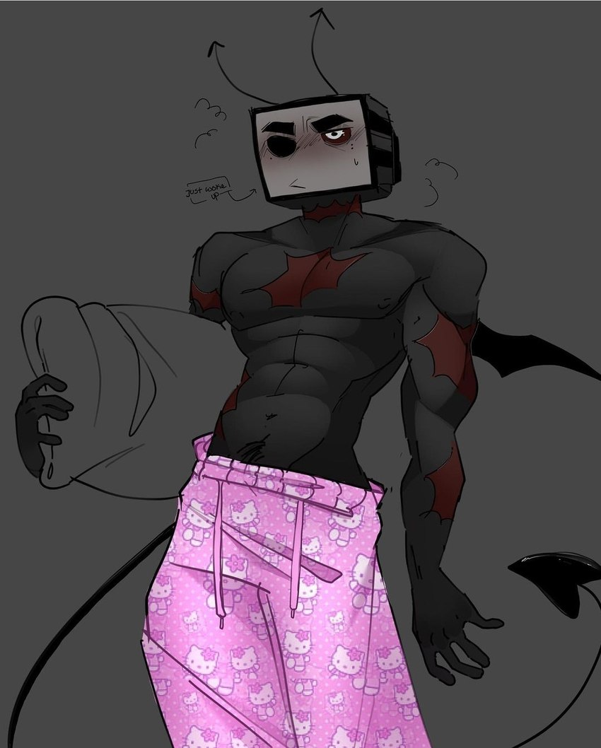 1_eye abs antennae_(anatomy) bottomwear chest_scar clothing electronics eyebrows for_a_head grey_background lines_drawn male missing_eye muscular navel not_furry pants pillow pink_bottomwear pink_clothing pink_pajamas pink_pants red_scar scar screen screen_face simple_background solo spade_tail tail television thick_eyebrows white_eyes wings woken_up y2k_(fashion) iceymcflurry hello_kitty_(series) sanrio cobalt(iceymc) hello_kitty_(character) humanoid object_head screen_head tv_head half-length_portrait hi_res portrait shaded simple_shading soft_shading