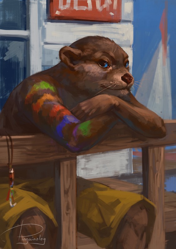 blue_eyes fur jewelry multicolored_body multicolored_fur necklace realistic solo window pinguinolog xenxen mammal mustelid otter digital_media_(artwork) digital_painting_(artwork) hi_res