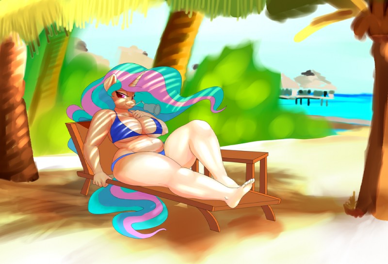 anthro anthrofied barefoot beverage bikini biped breasts chair cleavage clothed clothing cutie_mark dappled_light feet female furniture hair horn humanoid_feet long_hair looking_at_viewer lounge_chair magic multicolored_hair navel outside overweight overweight_anthro overweight_female plant plantigrade solo swimwear tree two-piece_swimsuit under_shade huebris sirmasterdufel friendship_is_magic hasbro my_little_pony mythology princess_celestia_(mlp) equid equine mammal mythological_creature mythological_equine unicorn colored