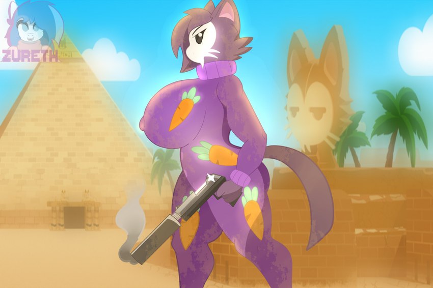 anthro big_breasts breasts carrot clothing cloud detailed_background female food fur gun handgun huge_breasts logo nipple_outline onesie pajamas palm_tree pistol plant purple_body purple_fur pyramid ranged_weapon silencer smoking_gun solo sphinx_(sculpture) tree vegetable weapon zureth!! pixile_studios super_animal_royale felid feline mammal skullcat_(sar) 2020 artist_logo artist_name