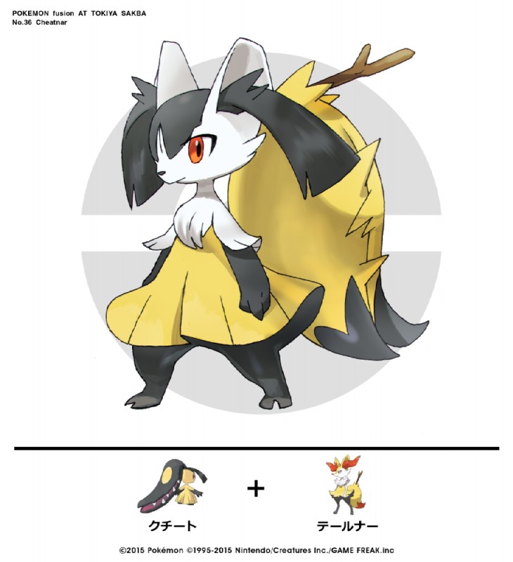 ambiguous_gender black_body black_fur bottomwear cheek_tuft chest_tuft clothing facial_tuft feral fur fusion inner_ear_fluff pokemon_fusion red_eyes skirt solo stick tuft white_body white_fur yellow_body yellow_fur tokiya_sakuba fakemon nintendo pokemon braixen canid canine generation_3_pokemon generation_6_pokemon hybrid mammal mawile pokemon_(species)