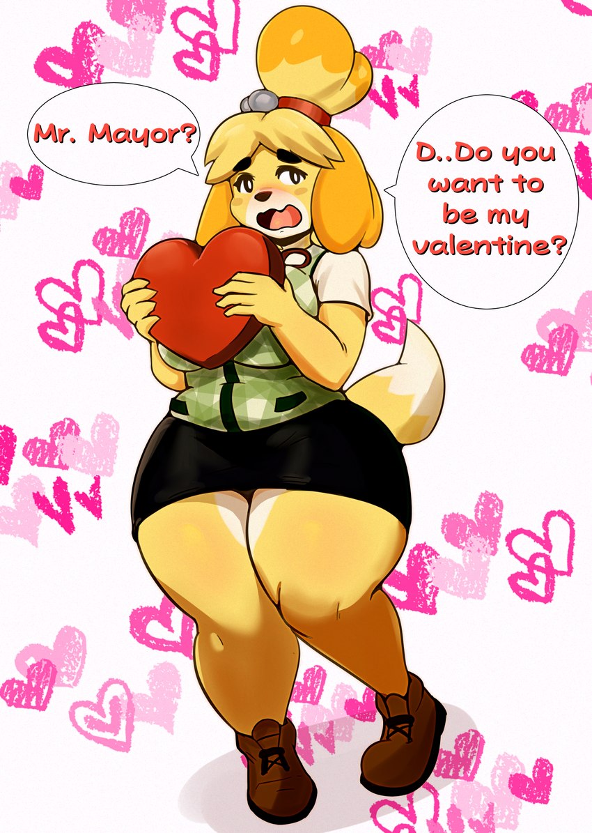 accessory anthro asking bell big_breasts biped blonde_hair blush bottomwear breasts cardigan clothed clothing dialogue dipstick_tail female footwear hair hair_accessory hair_bun hair_tie heart_background heart_box heart_symbol holding_heart holding_object holidays huge_hips huge_thighs markings open_mouth pencil_skirt shoes shy simple_background skirt slightly_chubby slightly_chubby_anthro slightly_chubby_female solo speech_bubble standing tail tail_markings text thick_thighs tied_hair white_background wide_hips yellow_body bluebambo animal_crossing nintendo valentine's_day isabelle_(animal_crossing) canid canine canis domestic_dog mammal shih_tzu toy_dog 2024 english_text full-length_portrait hi_res portrait