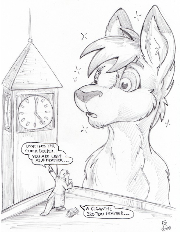 anthro clock clocktower dialogue duo fur hair hypnosis hypnotic_eyes macro male mind_control outside ringed_eyes text flinters rooth kangaroo macropod mammal marsupial english_text hi_res monochrome