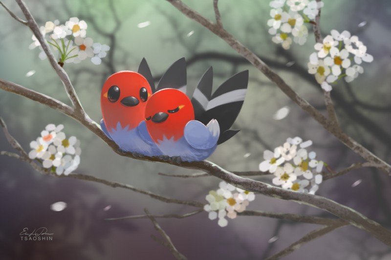 ambiguous_gender beak duo feathered_wings feathers feral flower outside plant tree wings tsaoshin nintendo pokemon avian bird fletchling generation_6_pokemon pokemon_(species) 3:2 digital_media_(artwork) digital_painting_(artwork) painting_(artwork)