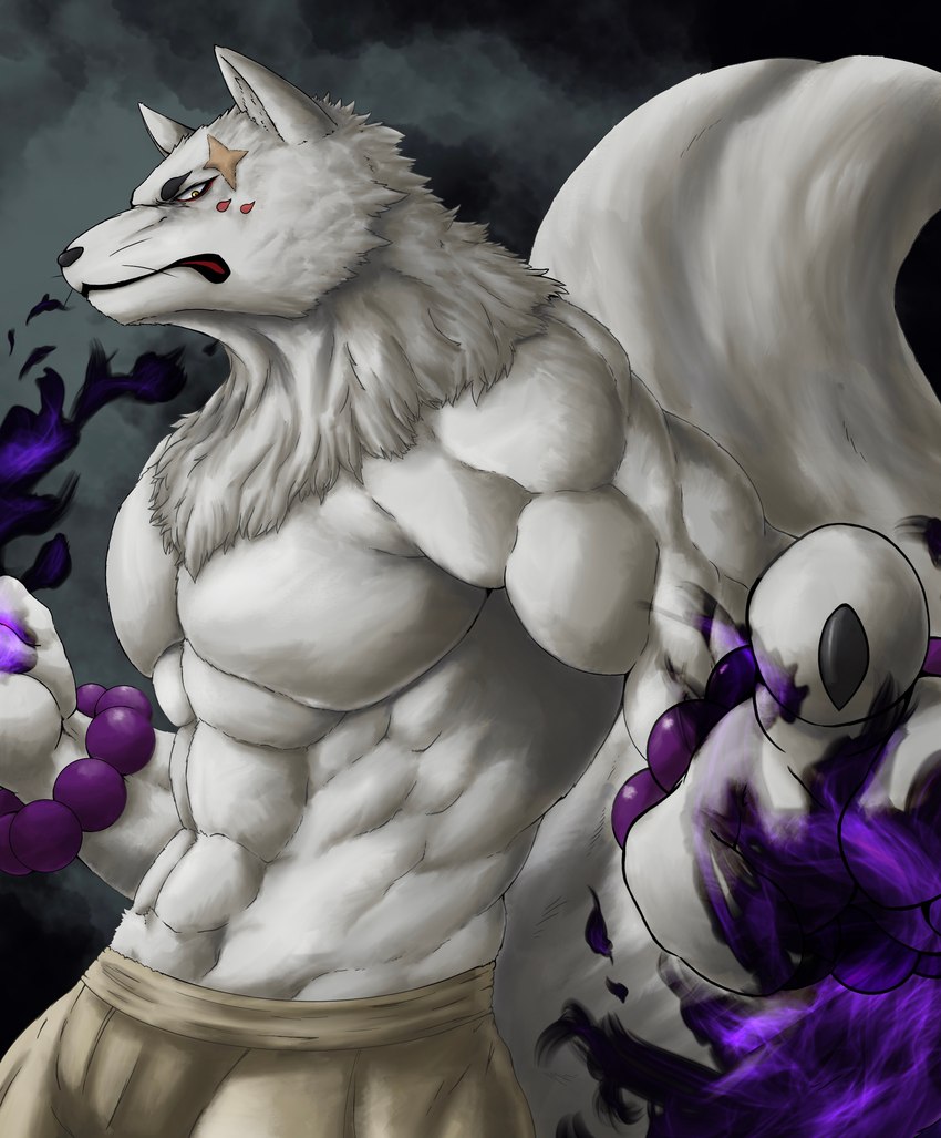 anthro asian_clothing biped black_nose claws clothed clothing colored_fire fire fur looking_at_viewer male muscular muscular_anthro muscular_male orange_eyes purple_fire solo tail white_body white_fur white_tail chibikoma gingitsune gintaro canid canine deity fox mammal 2021 absurd_res digital_media_(artwork) hi_res