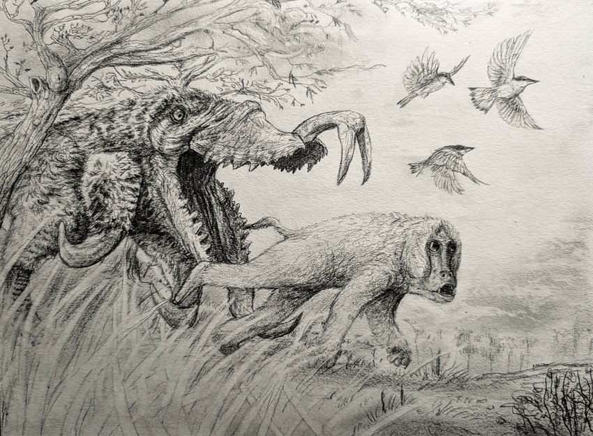 ambiguous_gender beak chasing claws duo feathers female feral flying forest forest_background future grass group hunting nature nature_background open_mouth outside plant running scales size_difference tail tail_feathers tree archesuchus weird_birds_(series) avian baboon babullor bird haplorhine mammal monkey old_world_monkey parrot primate slingbeak absurd_res graphite_(artwork) hi_res monochrome traditional_media_(artwork)