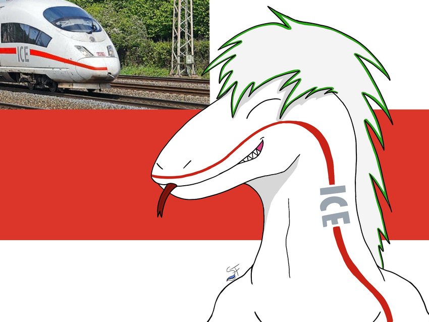 anthro electric_railcar eyes_closed forked_tongue german germany green_outline grey_text grin hair high-speed_train ice_(train) ice_3 machine male markings monotone_body nude outline photo pink_gums railcar red_background red_body red_markings red_scales red_stripes red_tongue reference_image scales simple_background smile solo stripes teeth tongue tongue_out train vehicle white_background white_body white_hair white_scales scoutartcorner deutsche_bahn how_to_dragon_your_train mythology siemens_ag dragon hybrid living_machine living_train living_vehicle locomorph mythological_creature mythological_scalie reptile scalie 2023 4:3 bust_portrait digital_drawing_(artwork) digital_media_(artwork) hi_res meme portrait signature