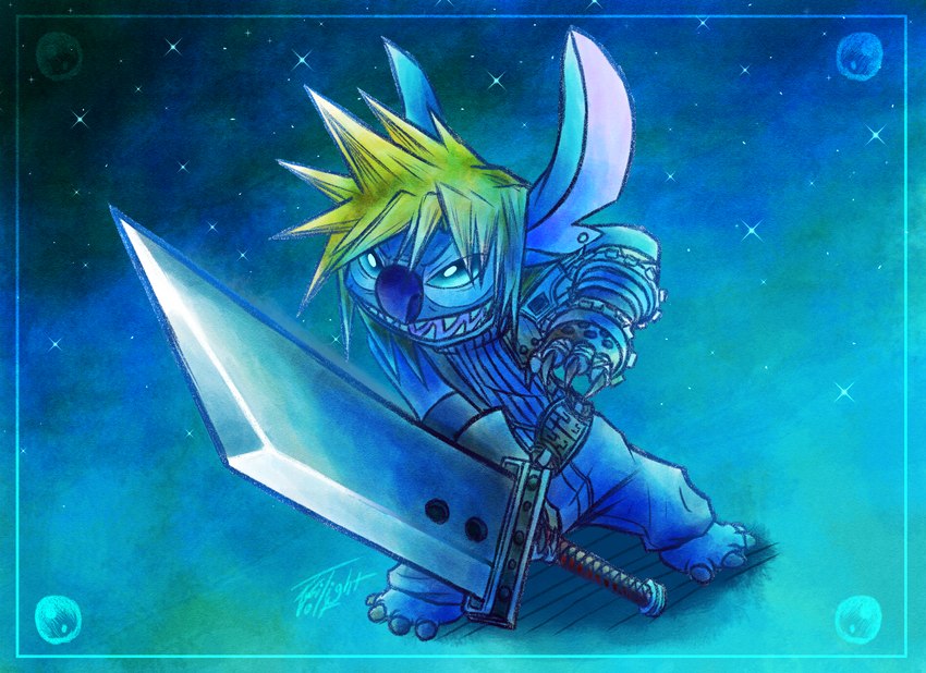 4_toes barefoot blonde_hair blue_claws blue_eyes blue_nose claws clothed clothing cosplay crossover_cosplay ear_piercing feet grin hair male melee_weapon notched_ear piercing pose sharp_teeth smile solo standing sword teeth toes weapon twilightvolt disney final_fantasy final_fantasy_vii lilo_and_stitch square_enix cloud_strife stitch_(lilo_and_stitch) alien experiment_(lilo_and_stitch) 2021 absurd_res crossover hi_res signature